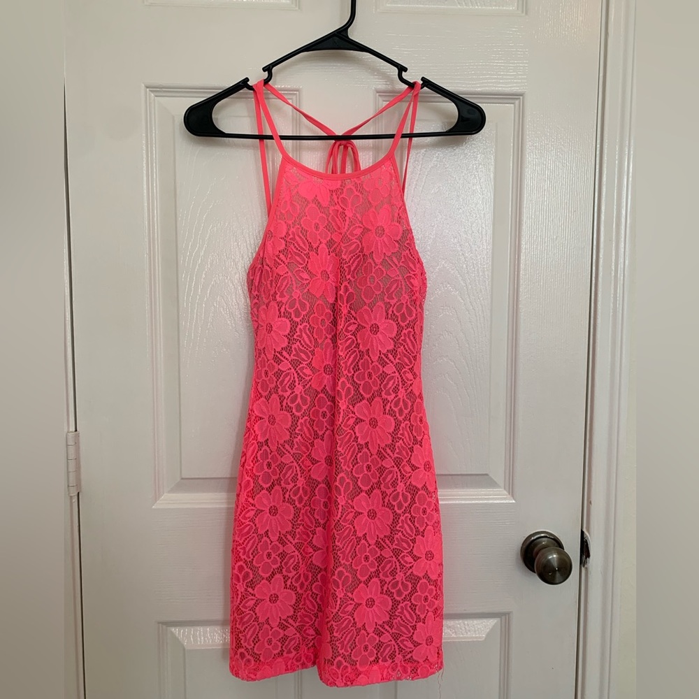 Hot pink floral lace dress